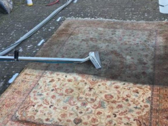 This is a photo of a floral rug that is being steam cleaned. The bottom half has been completed and the top half is being done works carried out by Ruislip Carpet Cleaning Solutions